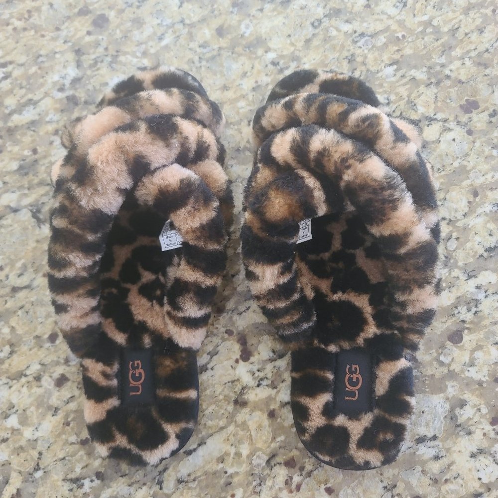 UGG Scuffita Fluffy Slip-on Sandals, Panther print